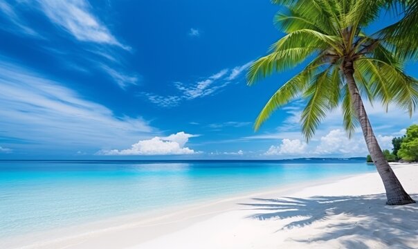 tropical beach with white sand and palm tree
