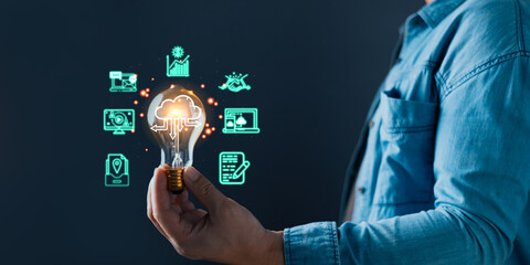 innovation technology success business. Digital transformation. Ai technology. person hand holding a power lightbulb and pretending to think, inspiration, creativity, and imagination concept.