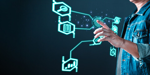 person scan finger to access secure data. new technology bigdata and business process strategy,customer service management.Digital transformation change management,internet of things.cloud computing.