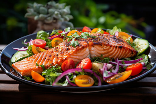 Grilled salmon fillet with arugula, cherry tomatoes and lemon