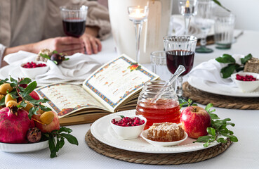 Holiday table decor. Rosh hashanah jewish New Year holiday concept.