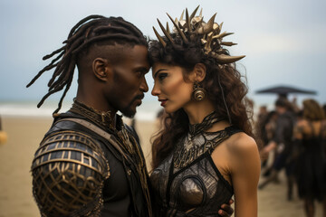 Interracial couple, consisting of a bold black man and a daring white woman, showcase their unique and extravagant outfits, representing the essence of punk in the middle of a desert festival.