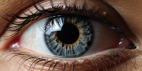 Auge Iris Fotografie mit blauen Auge Nahaufnahme im Querformat als Banner, ai generativ