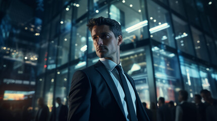 Fototapeta premium A businessman looking away from the camera. Standing outside in the city. Night time. Corporate lifestyle. Working late. Hustling. Daily grind. Entrepreneur. Night owl.