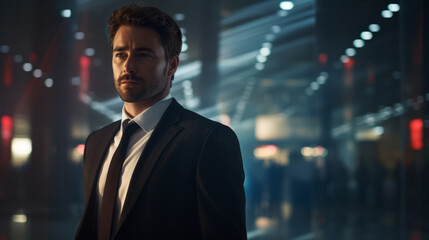 Fototapeta premium A businessman looking off into the distance. Handsome man. Business leader. CEO. In a suit. Shallow depth of field. Blurry background.