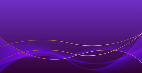 Violet abstract luxury background with wavy and golden ribbon shiny lines. Modern graphic pattern banner template design