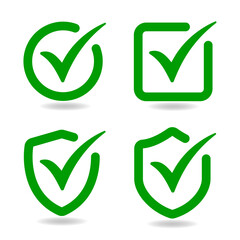 Green check mark icon set. Tick symbol in green color. Vector illustration.