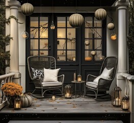 two chairs on the front porch with lanterns hanging above them and pumpkins in vases, candles and flowers