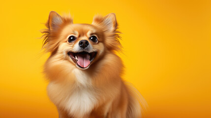 Happy smiling dog isolated on yellow background.