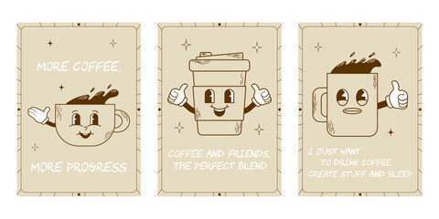 Set of trendy banners with funny characters drinks with slogan. Coffee in glass and cup on a beige background. Branding mascots sticker for bar, cafe and restaurant. Cute vector illustration.