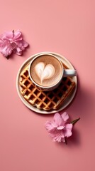 Obraz na płótnie Canvas Cup of cappuccino with heart shape and waffles on pink background. Background with a Copy Space.