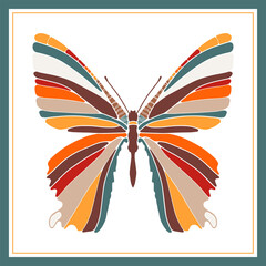 Multicolored unusual butterfly in a turquoise frame. Decor element, background for creating various designs and patterns.