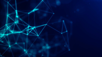 Abstract digital connection moving dots and lines. Technology background. Network connection structure. Digital background. Colored polygonal space. 3D rendering.