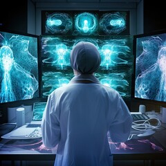 a doctor looking at multiple x - ray images on the computer screen in front of his room, while he is wearing a white