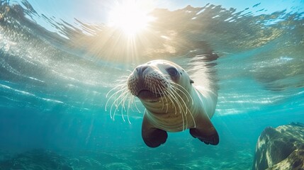 a sea lion swimming in the ocean with sunlight shining through its fur, taken from underwater photography by photographer person - Powered by Adobe