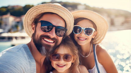 Happy family smiles during a vacation at the sea