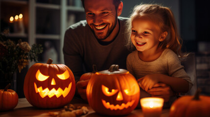 Happy father with little kids preparing pumpkins for Halloween at home. - obrazy, fototapety, plakaty