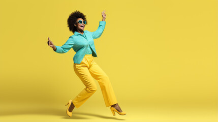 Fototapeta na wymiar Full length body size view of attractive carefree girl dancing isolated over yellow background