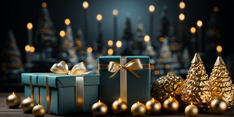 Christmas celebration Christmas holiday greeting card - close-up of various gifts, gift boxes with ribbon, magic background with bokeh lights