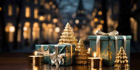Fototapeta na wymiar Christmas celebration Christmas holiday greeting card - close-up of various gifts, gift boxes with ribbon, magic background with bokeh lights