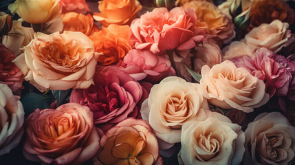 Background of pink orange and peach roses.