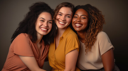 Multi Ethnic Group of Womans with diffrent types of skin together against beige background.