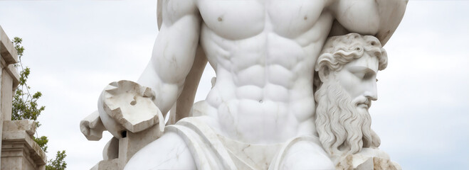 Marble statue of an Greek god Zeus on rubles and ruins background from Generative AI