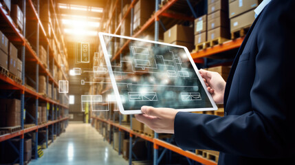 Worker hands holding tablet on blurred warehouse as background - obrazy, fototapety, plakaty