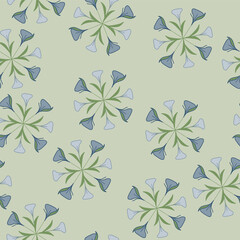 Purple Lilies in Wheel Shapes Scattered across a Soft Green Background