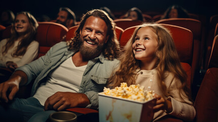 Family in a cinema watching a movie - obrazy, fototapety, plakaty