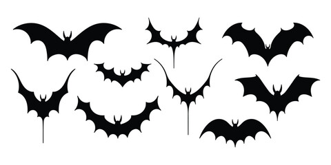 Fototapeta na wymiar Bat silhouettes. Isolated black bats, vampire graphic symbols set. Terrible