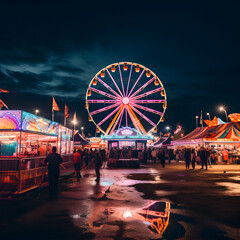 Ferris Wheel at State County Fair or Carnival at night. Generative ai.  - obrazy, fototapety, plakaty
