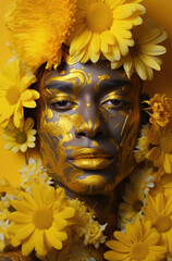 Close-up of a beautiful black man with golden paint on his face. Yellow flowers around his head 