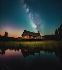 Lake cabin at night, generative ai