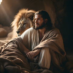 Daniel and the lions den. A Biblical Christian story concept showing Daniel sitting next to  a lion. Generative ai. 