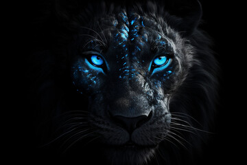BLACK LION WITH BLUE EYES BLACK BACKGROUND
