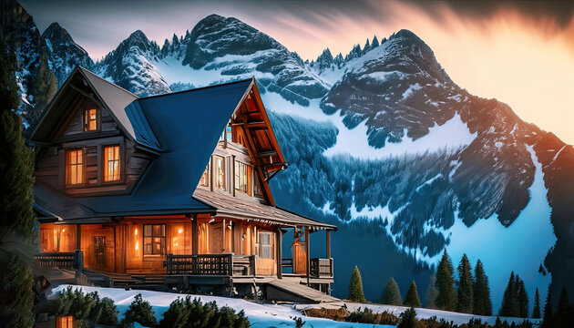 create a beautiful mountain scene with a log home on the side of a rugged mountain, Background photo.