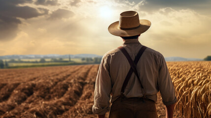 farmer in rugged yet stylish workwear, complete with a sun hat, surveys a field of crops