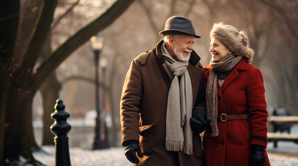 Fototapeta premium Winter Love: A retired senior couple, wrapped in sweaters and scarves, sharing a warm moment in the cold, celebrating their enduring love.