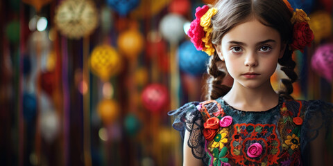 Fototapeta premium young girl in a colorful embroidered dress, Dia de Muertos, day of the dead