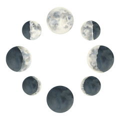 Watercolor phases of the Moon collection. Cyclically changes from new moon, crescent, quarter, gibbous to full moon. Hand drawn art graphic isolated, white background.