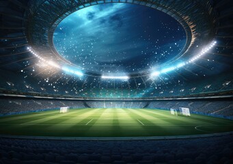 Football stadium at night, soccer stadium with ongoing game at night.  Drone view. AI Generative.
