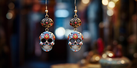 pair of ornate skull-shaped earrings dangle from a jewelry stand, Dia de Muertos, day of the dead