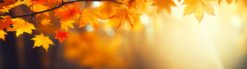 Banner with orange autumn leaves on blurred background. Beautiful nature. Postcard with copy space. Generative AI