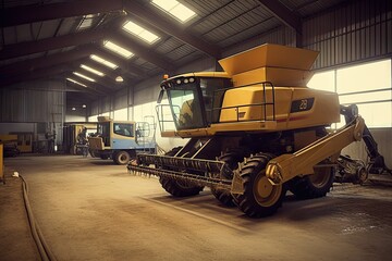 a yellow combiner in a warehouse with lots of other machinery and equipment around the area, including two large machines - Powered by Adobe
