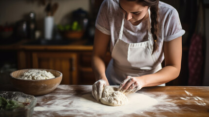 Obraz na płótnie Canvas Woman is in the kitchen making pizza dough or bread dough.