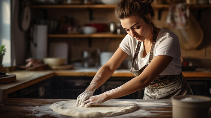 Fototapeta na wymiar Woman is in the kitchen making pizza dough or bread dough.