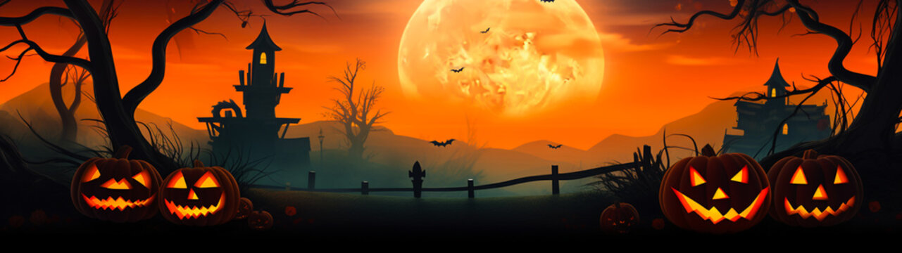 Banner with halloween design. Pumpkins, glowing Jack O lantern. Postcard with copy space. Generative AI