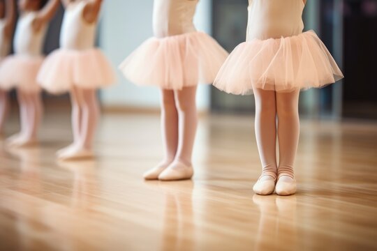 Eine Reihe junger Ballerinas in rosa Tutu und Ballettschuhen tanzen anmutig in der Kinderballettschule, t&auml;nzerisches Talent in der Kindheit f&ouml;rdern