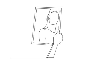 woman girl looking in the mirror thinking line art design